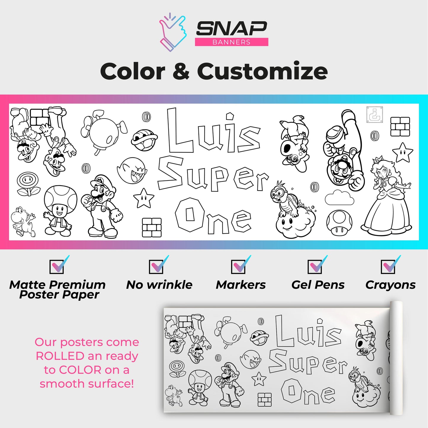 Coloring Table Runner – Kids Party Activity Banner with Custom Name & Age