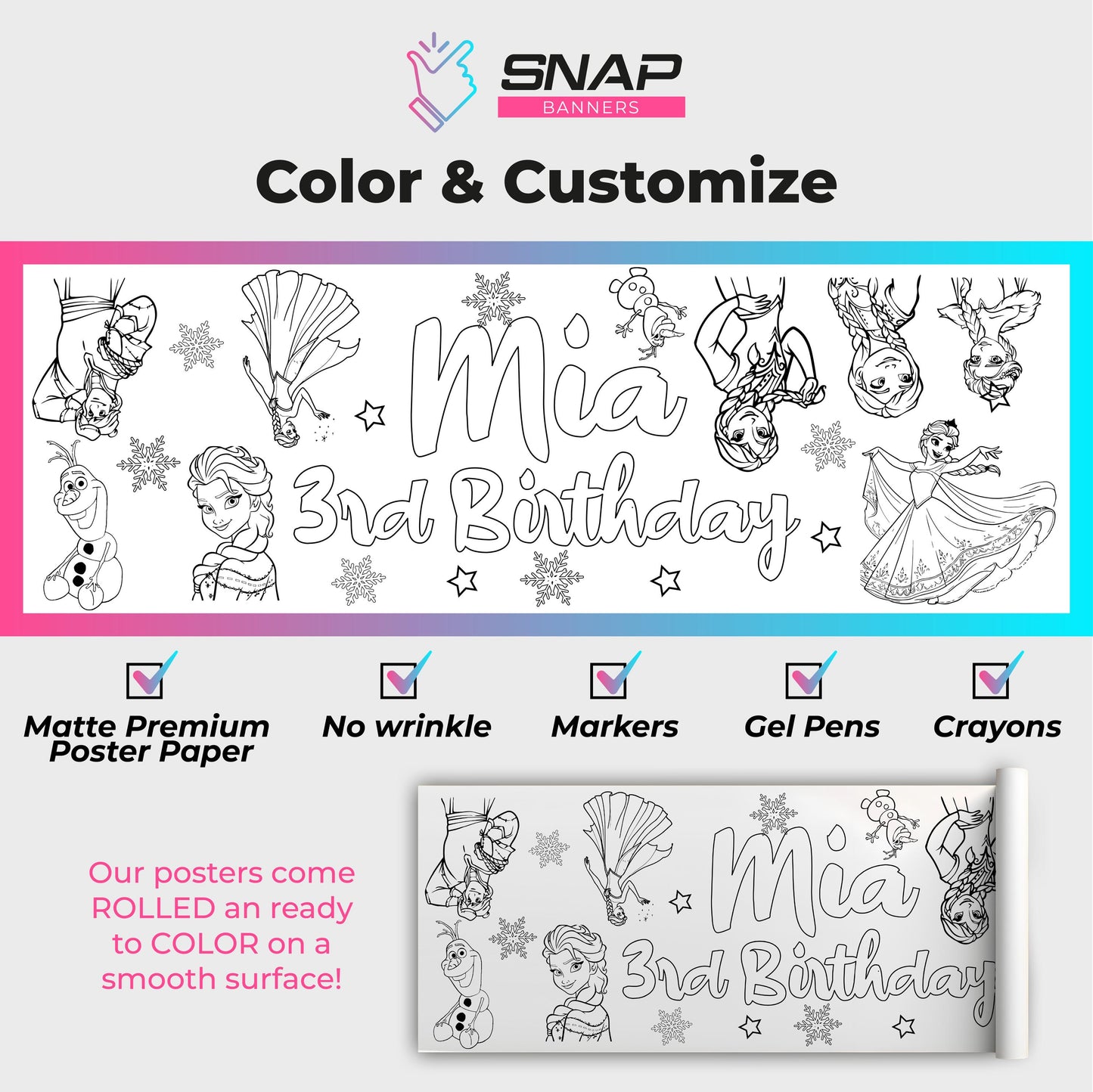 Customizable Ice Princess Coloring Table Runner | Birthday Party Activity Banner