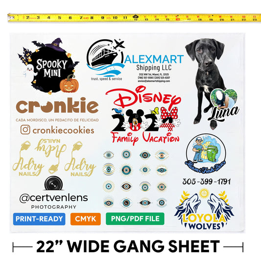 Custom DTF Transfers Gang Sheet | 22" Wide, Direct to Film Prints (Ready to Press)