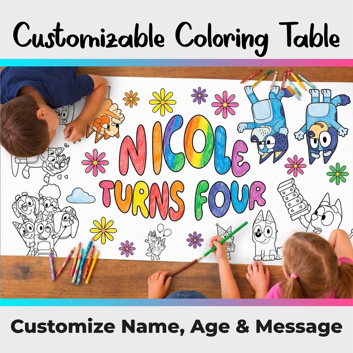 Personalized Kids Birthday Coloring Table Runner, Ocean Navy Activity Banner (Paper)