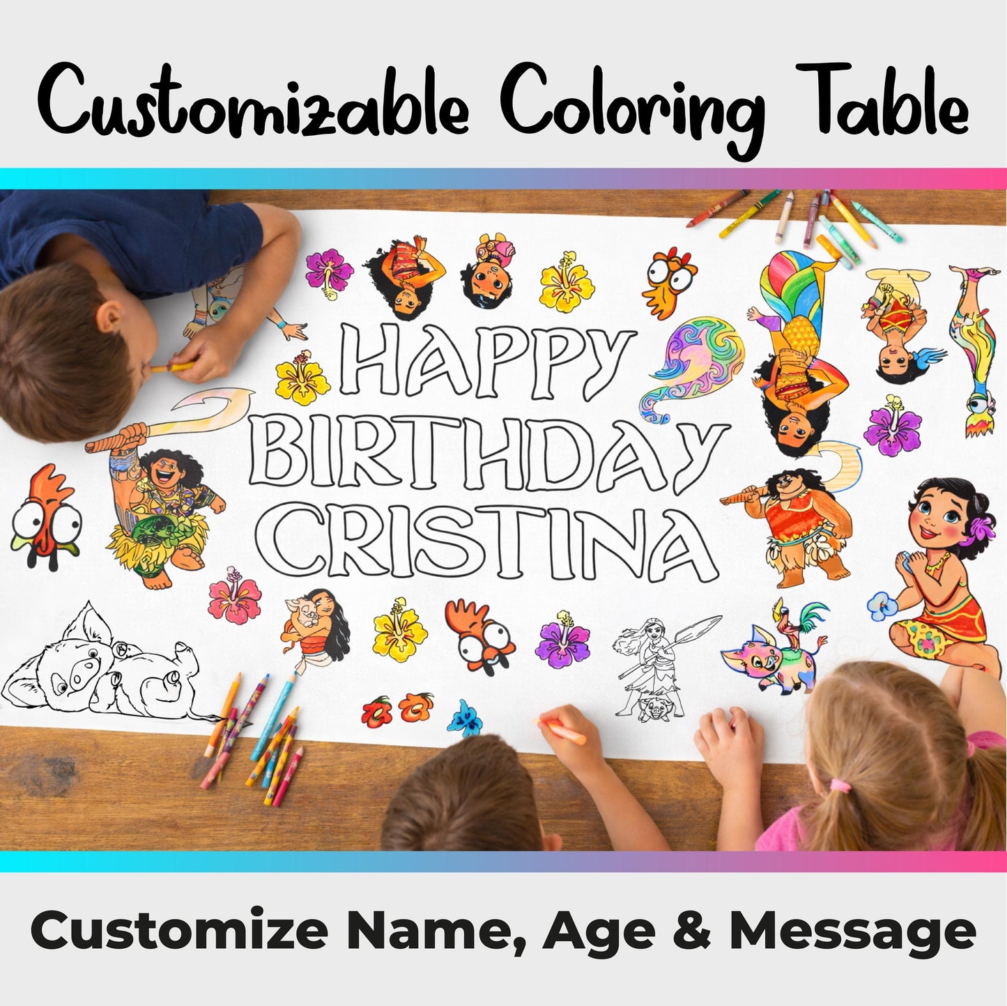 Personalized Kids Birthday Coloring Table Runner, Giant Coloring Activity Banner, Custom Name Age (Paper)