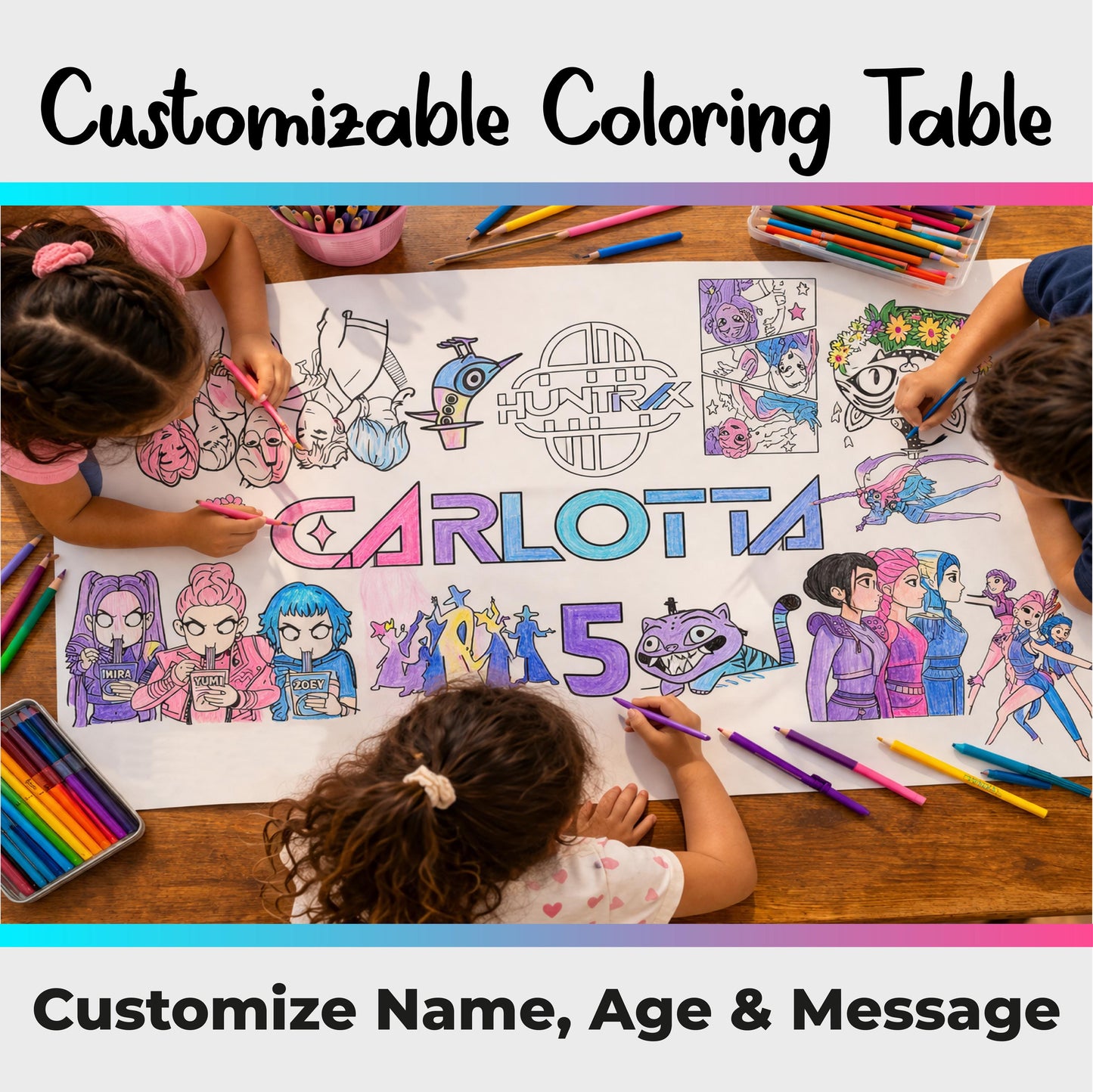Coloring Table Runner – Kids Party Birtday Banner with Custom Name & Age
