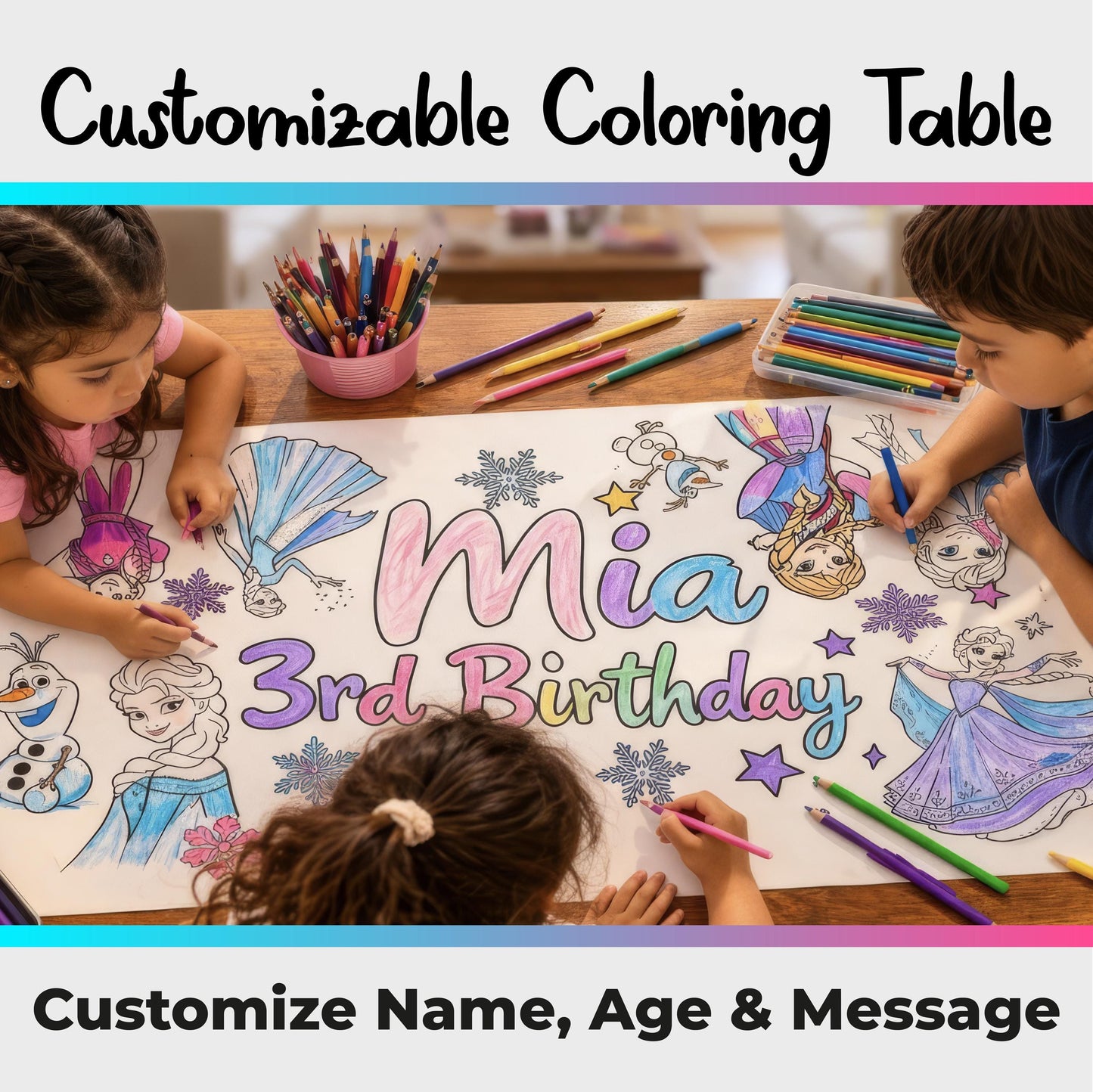 Customizable Ice Princess Coloring Table Runner | Birthday Party Activity Banner