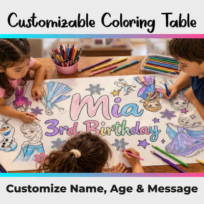 Customizable Ice Princess Coloring Table Runner | Birthday Party Activity Banner